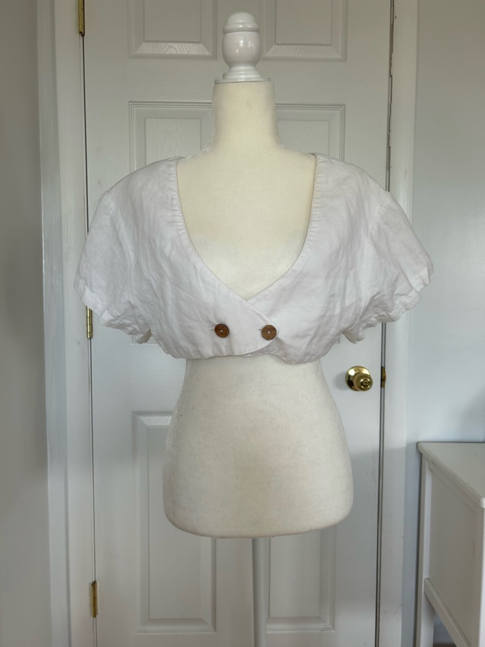 Free People White Cropped Button-Front Linen Blend Top